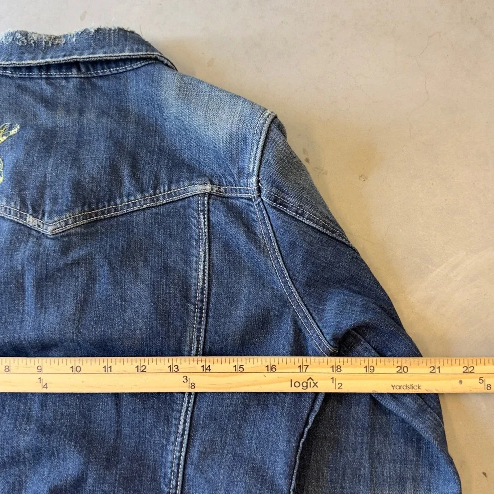 C'est Toi Jeans Distressed Denim Jacket Embroidered Floral Blue Medium - Picture 4 of 6
